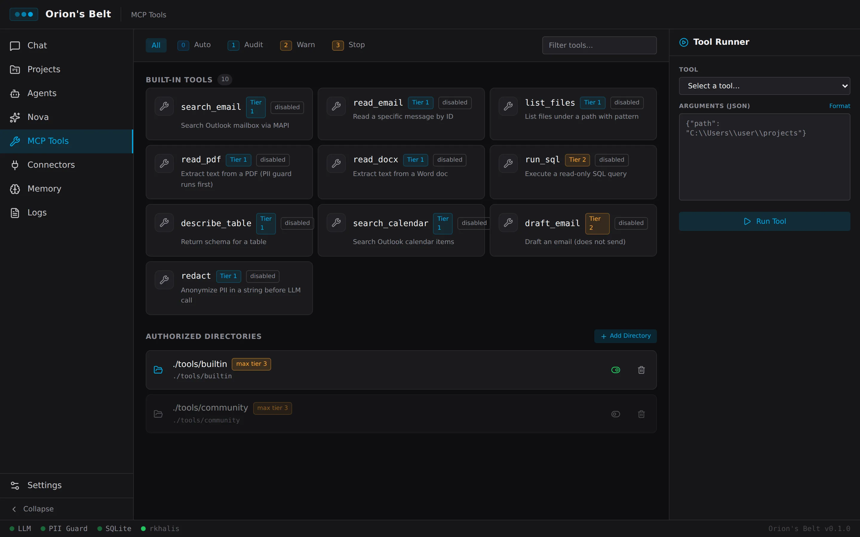Orion's Belt MCP Tools — built-in registry with tiered authorization