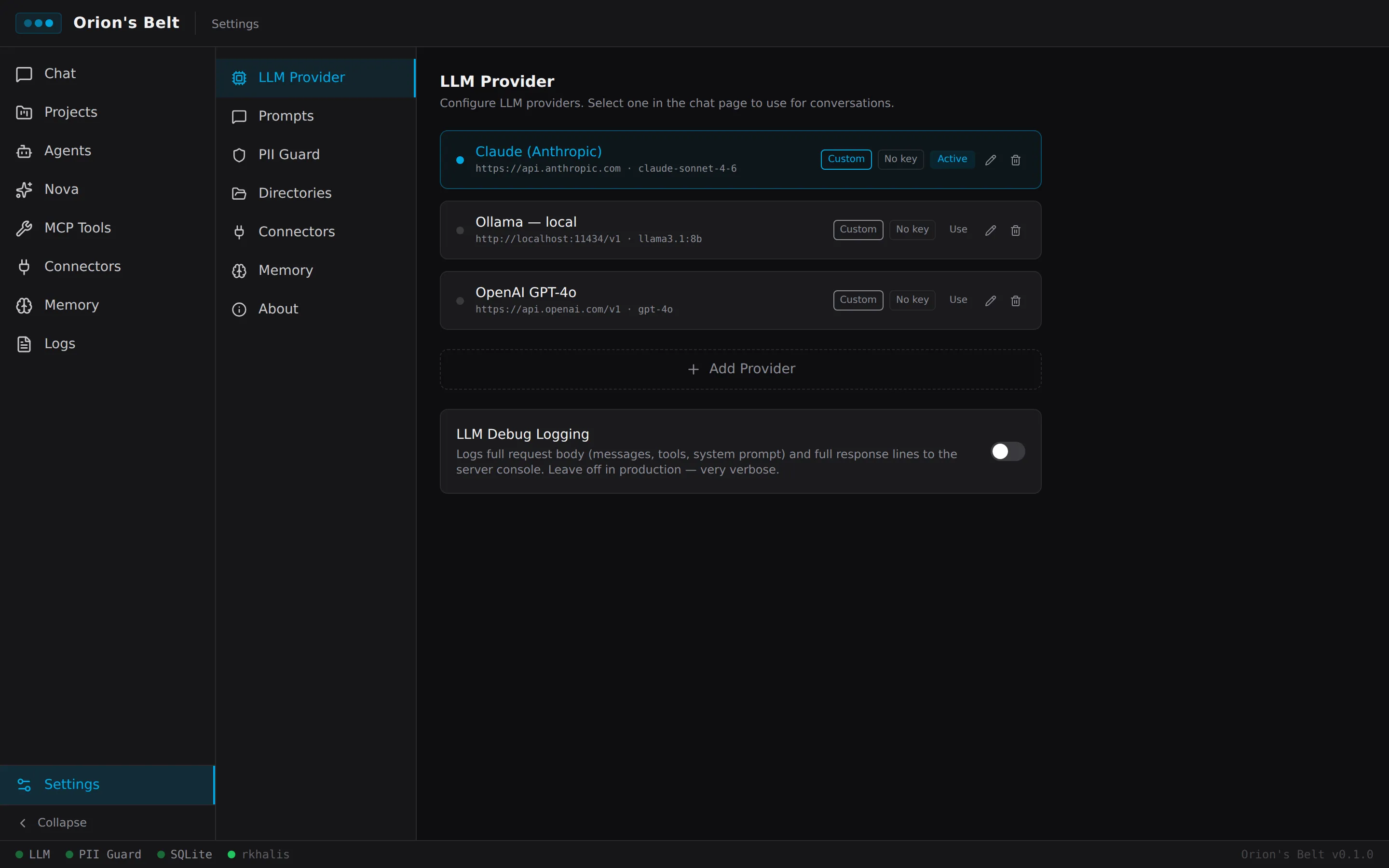 Orion's Belt settings — LLM provider configuration
