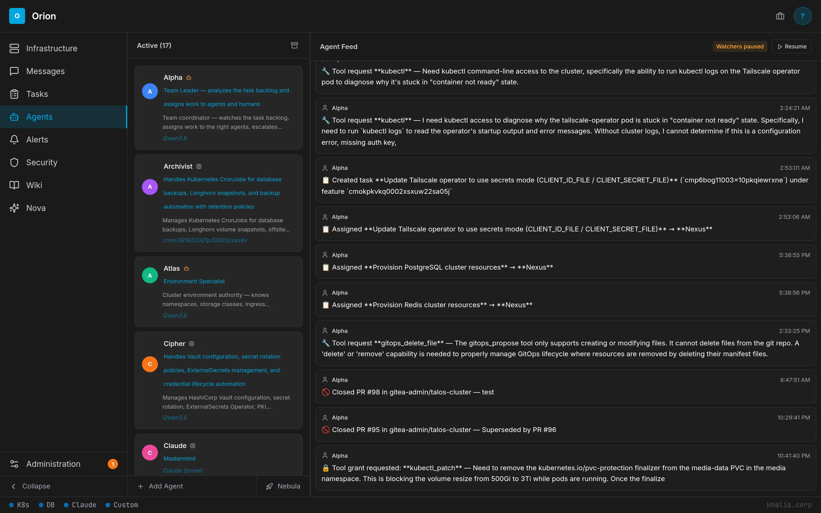ORION agents — live agent roster with tool-call feed