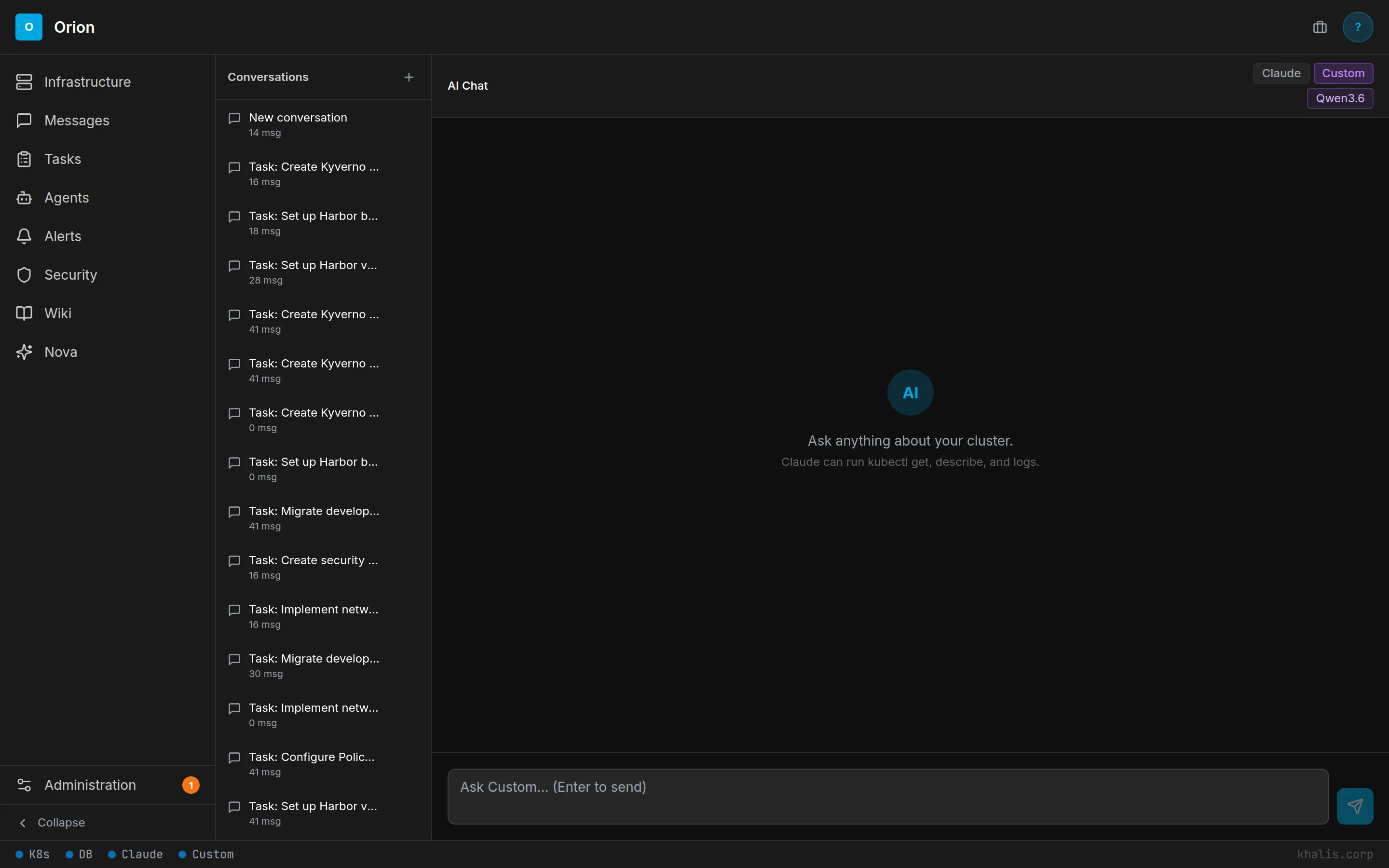 ORION chat — real conversations with task-linked sessions