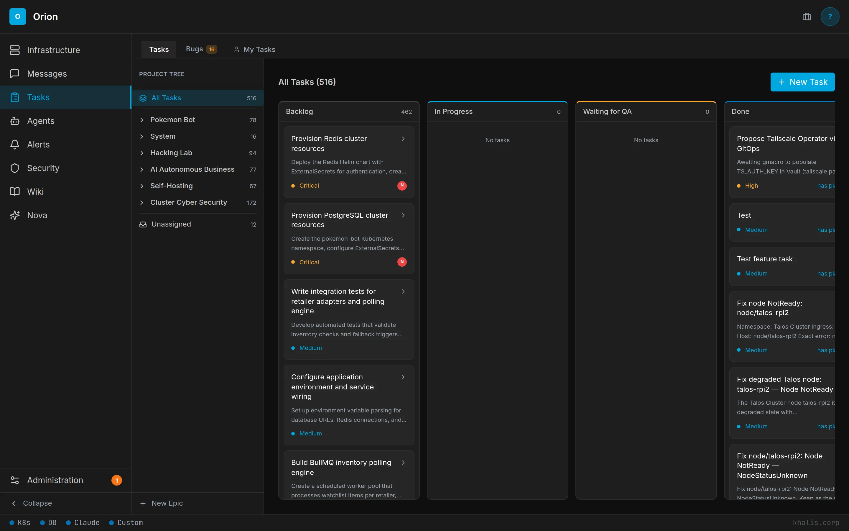 ORION tasks — 516-task kanban across 7 projects